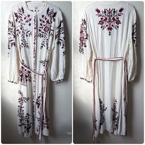 Sundance White Burgundy Embroidered Maxi Dress Tie Waist Boho Cottagecore XL